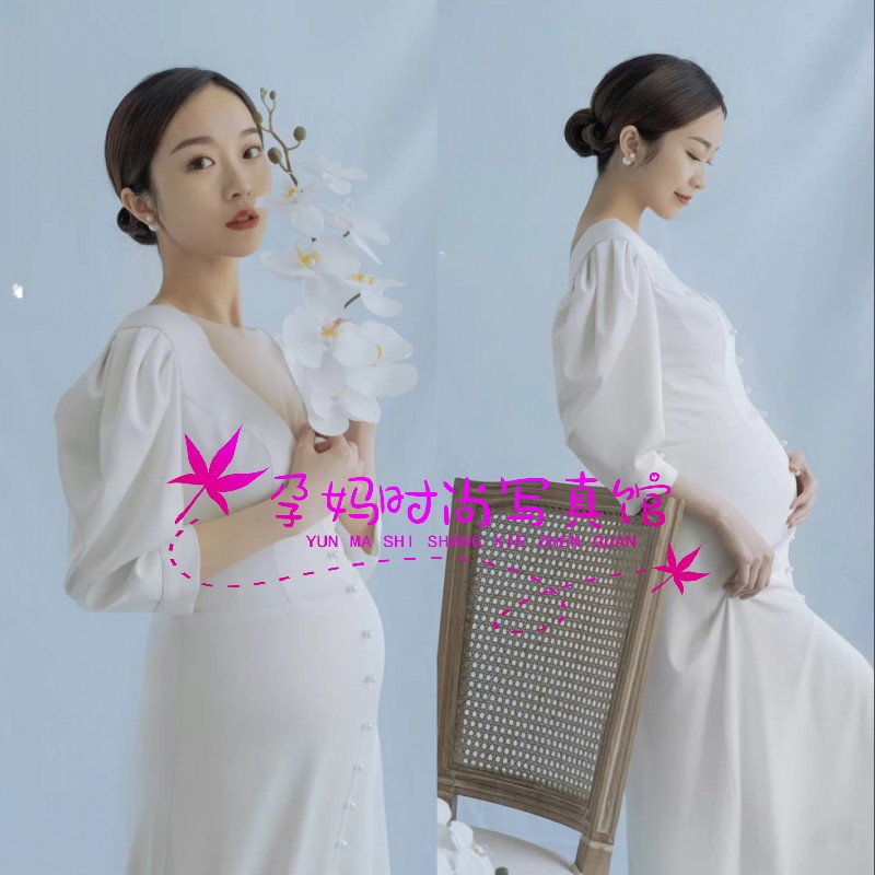 孕妇摄影服装韩式唯美白色拖尾礼服影楼孕期妈咪拍艺术写真照服装