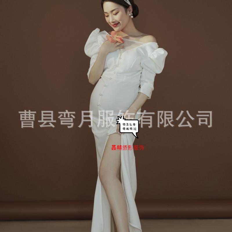 新款孕妇摄影服装韩式唯美白色拖尾礼服影楼孕期拍艺术写真照服装