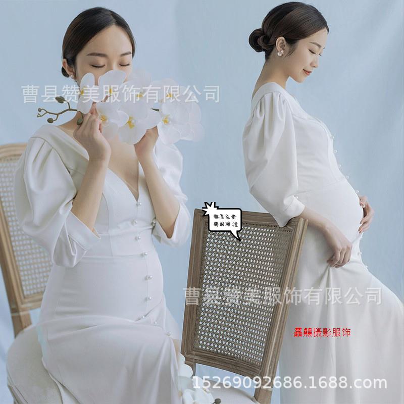 新款影楼孕妇装拍照服装韩式唯美孕照白色拖尾礼服孕妇摄影服装