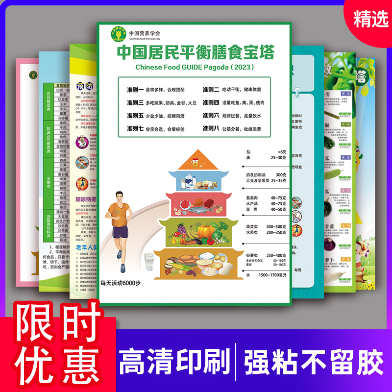 中国居民平衡膳食宝塔指南挂图儿童健康饮食海报膳食纤维表贴纸
