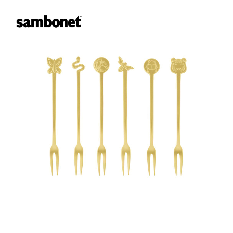 Sambonet意大利进口优质18-10不锈钢时尚系列PVD金派对叉勺6件套