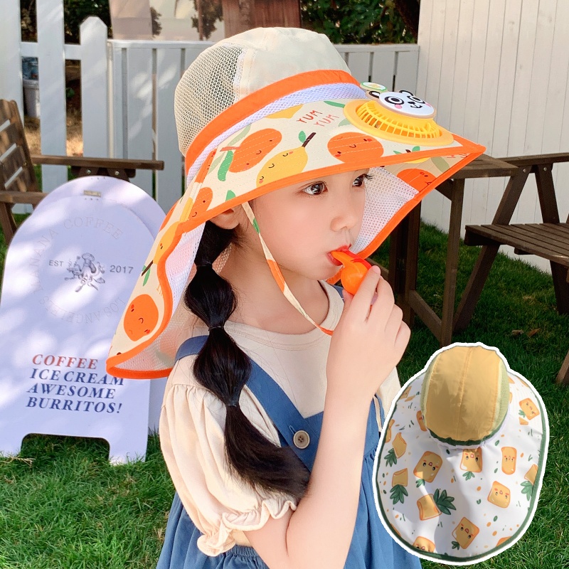 儿童带风扇的帽子男童披肩防紫外线遮阳帽夏季透气女童大檐防晒帽