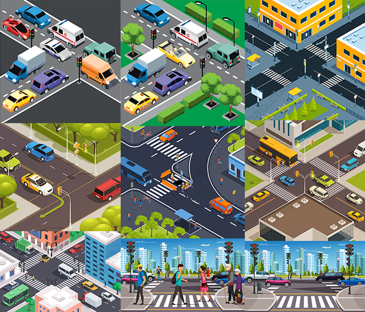 红绿灯路口插画 卡通道路交通十字路口斑马线 AI格式矢量设计素材