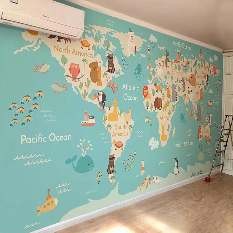 卡通世界地图壁纸儿童房男孩女孩卧室背景墙壁画北欧气球动物墙布