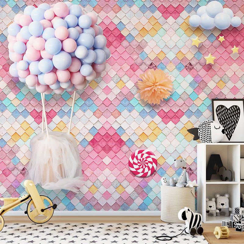 彩色马卡龙气球壁纸温馨女孩房间儿童房卧室墙纸网红奶茶店背景墙