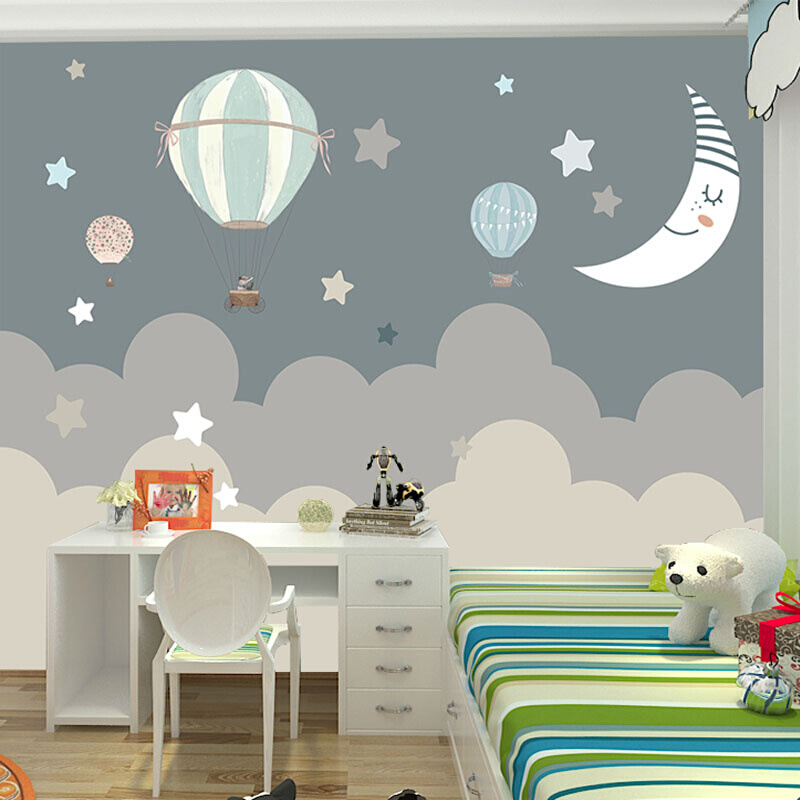 。北欧儿童房壁纸卡通热气球墙纸男孩女孩卧室星星月亮墙布墙布壁