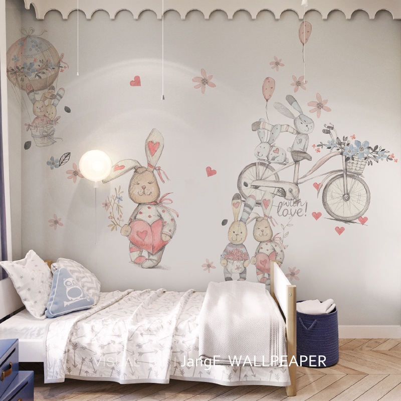 温馨兔子热气球卡通墙纸儿童房壁纸女孩卧室墙R布幼儿园无纺布壁