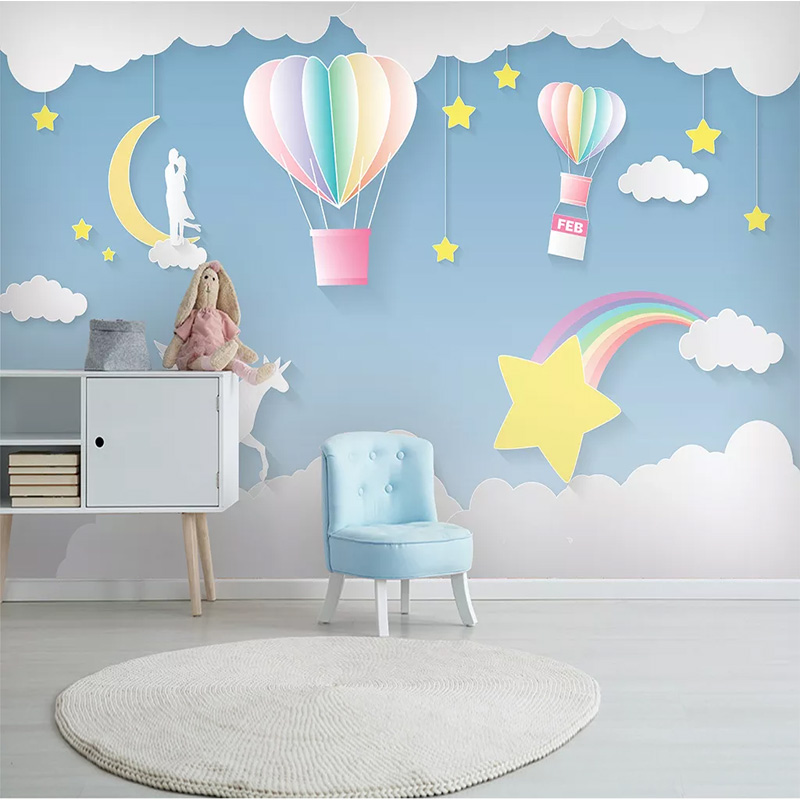 网红儿童房背景墙壁纸壁画卧室气球女孩公主墙纸蓝色天空爱心男孩