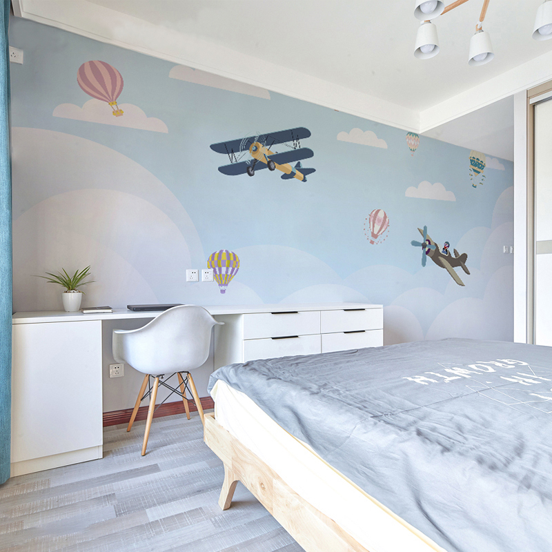 卡通飞机热气球墙纸男孩房间儿童房墙布壁纸环保女孩卧室背景壁画