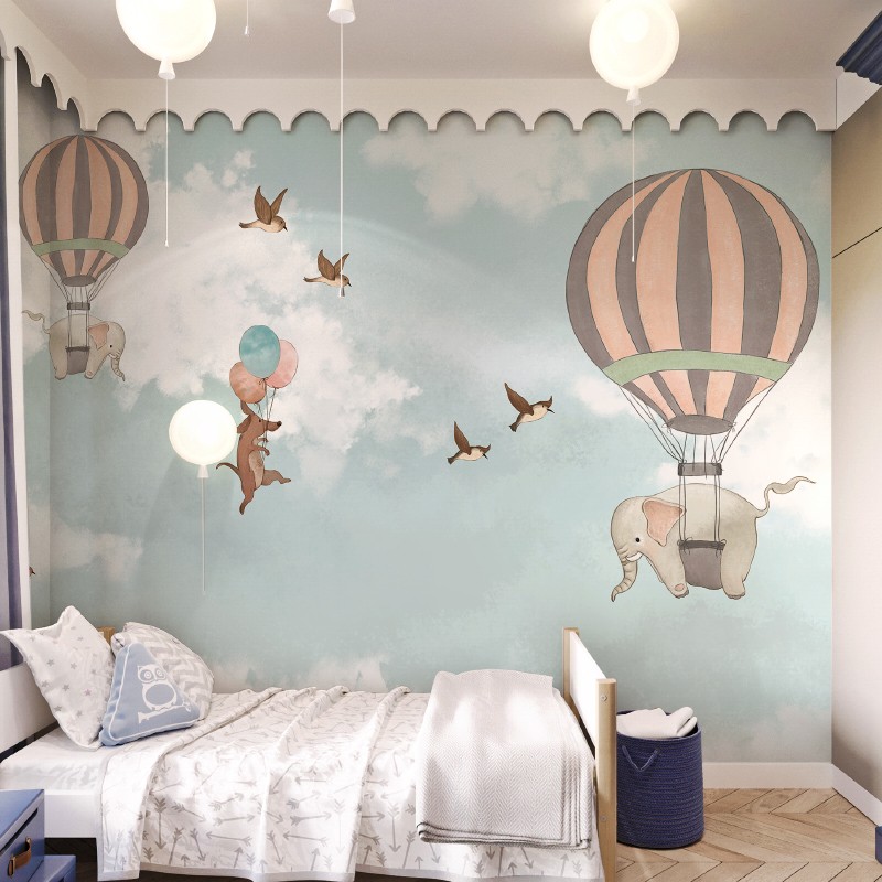 蓝色天空热气球大象墙纸儿童房壁纸男孩女孩卧室墙布温馨定制壁画