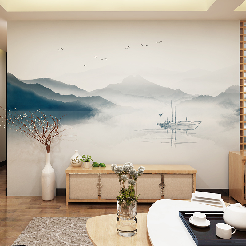 现代新中式贴纸写意抽象水墨墙纸自粘壁画电视沙发书房背景墙山水