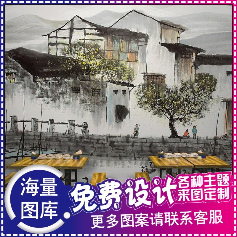 忆江南水乡水墨壁纸中式餐饮火锅农家乐饭店餐厅墙纸背景墙布壁画