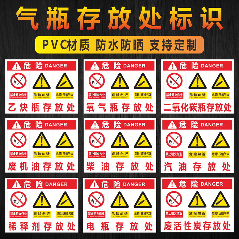 氧气瓶存放处标识牌 乙炔二氧化碳废机油柴油危险安全警示标志牌