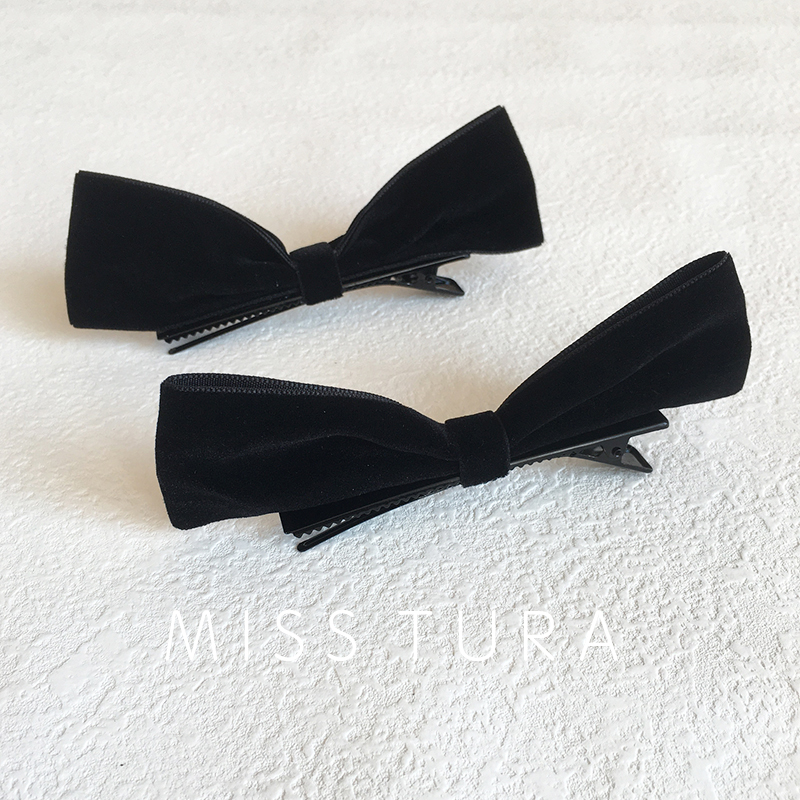 Miss Tura韩国进口 黑色丝绒立体蝴蝶结侧边发夹 半片式对夹
