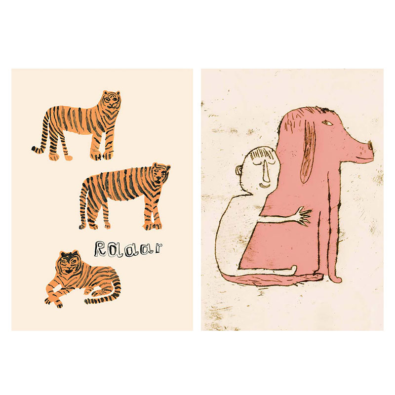 丹麦设计简约北欧卡通动物老虎小狗儿童房背胶油画布打印贴画芯