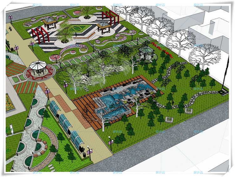 社区公园街角景观园林景观规划校园小游园景观SU模型带CAD平面图