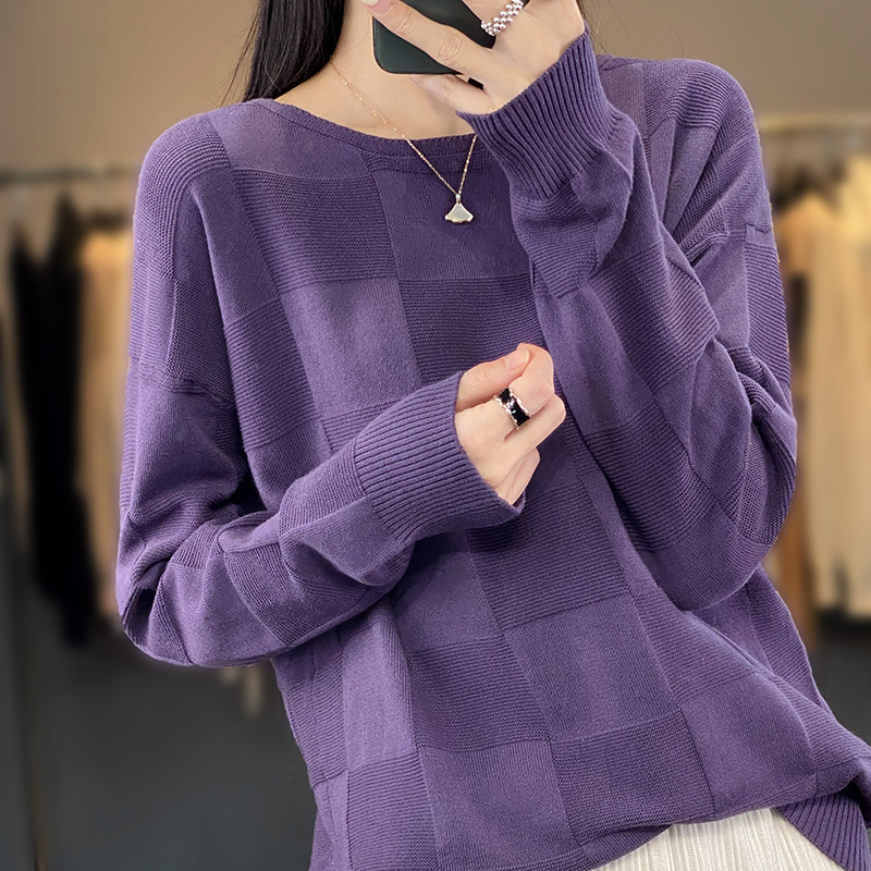 今年流行的紫色上衣薄款纯棉圆领针织衫女宽松慵懒风短款毛衣外套