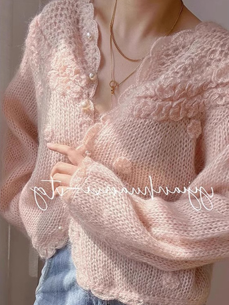 chicming欧货重工今年流行的漂亮粉色钉珠钩花针织薄款毛衣外套女
