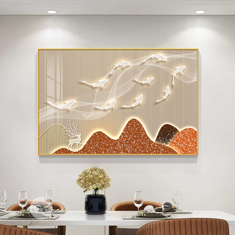 现代轻奢九鱼图餐厅饭厅装饰画高档大气客厅挂画餐桌背景墙面壁画