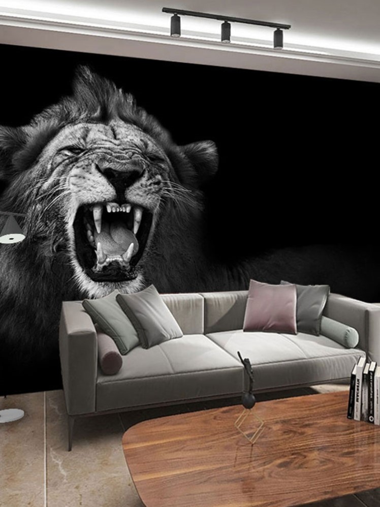 狮子头壁画霸气墙纸办公室男生卧室墙面装饰画布酒吧黑白动物壁纸