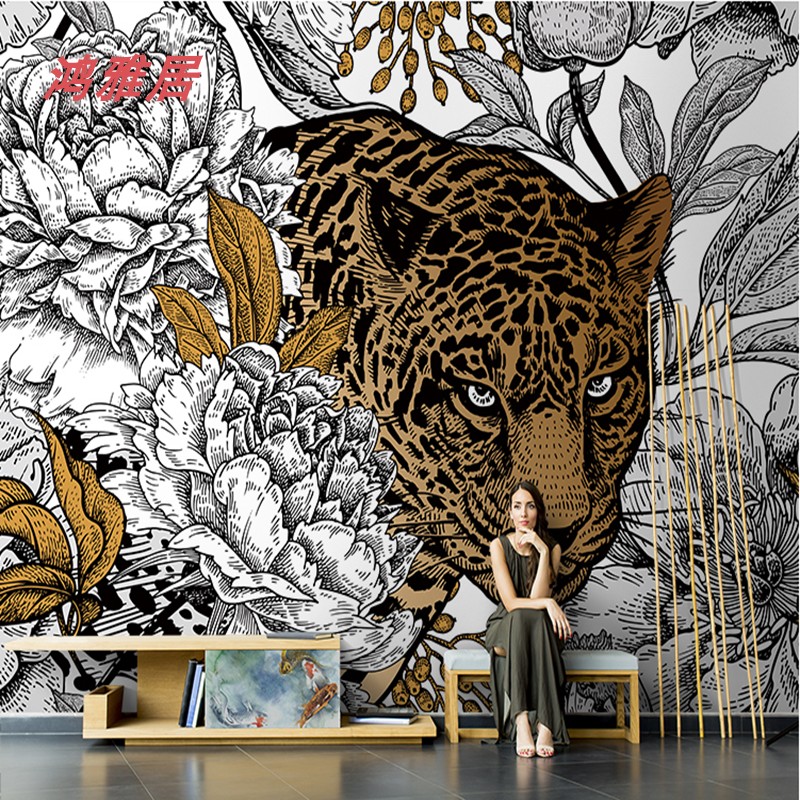 北欧手绘抽象花卉豹子霸气壁纸办公室背景墙纸酒店墙布3d动物壁画