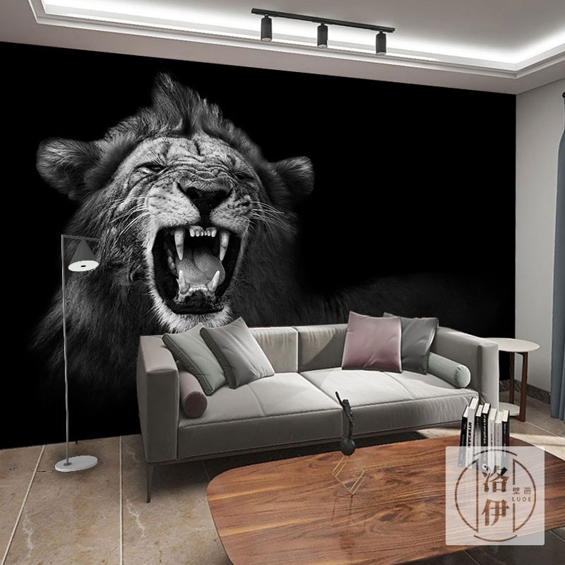 狮子头壁画霸气墙纸办公室男生卧室墙面装饰画背景布黑白动物壁纸