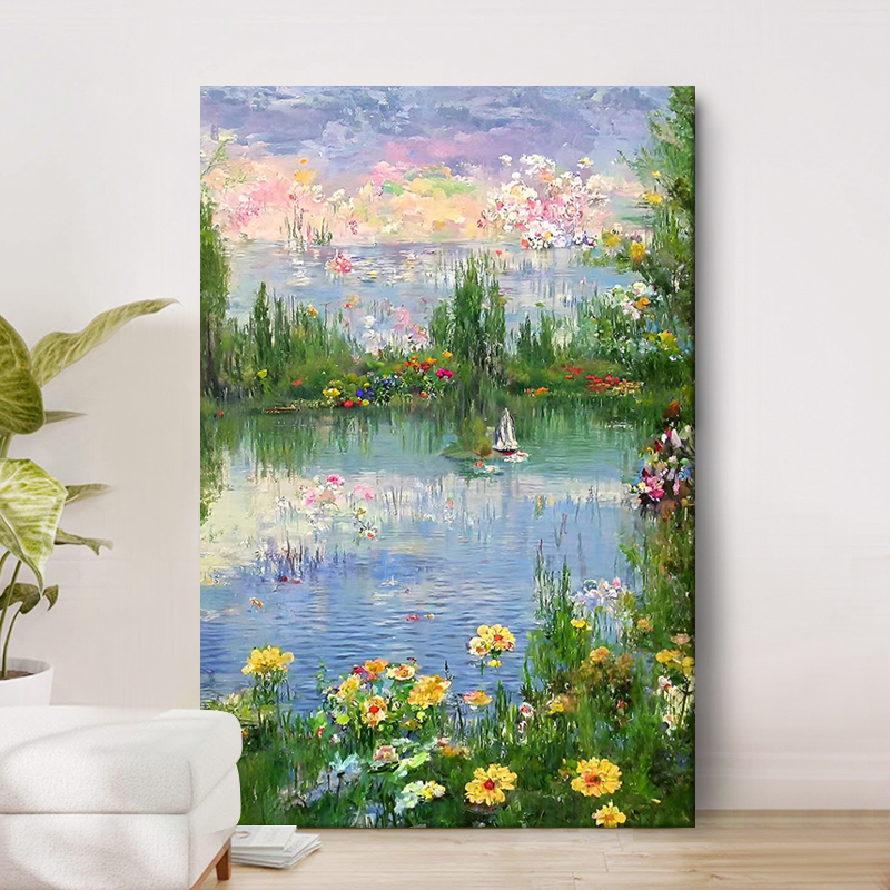 美式花卉手绘油画客厅抽象花海落地壁画卧室玄关湖泊风景装饰挂画