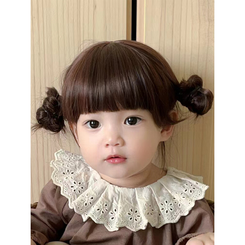 儿童假发女孩满月拍照道具宝宝发型可爱短发齐刘海双丸子头全头套