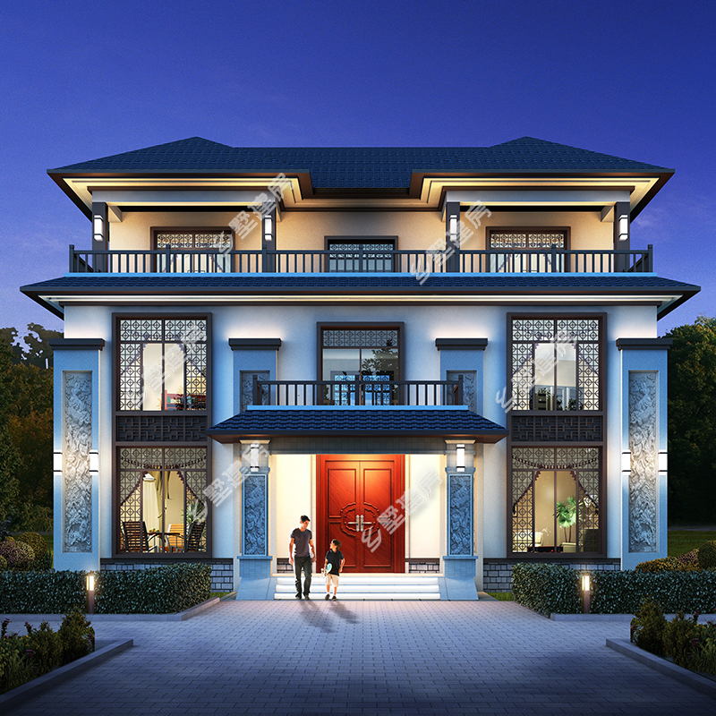 2020新中式3层别墅农村自建房设计施工图纸14X12米带小洋楼效果图