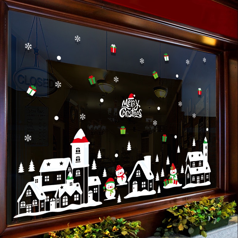 圣诞装饰品橱窗贴画玻璃门贴窗户贴纸窗花雪景小雪人节日氛围布置