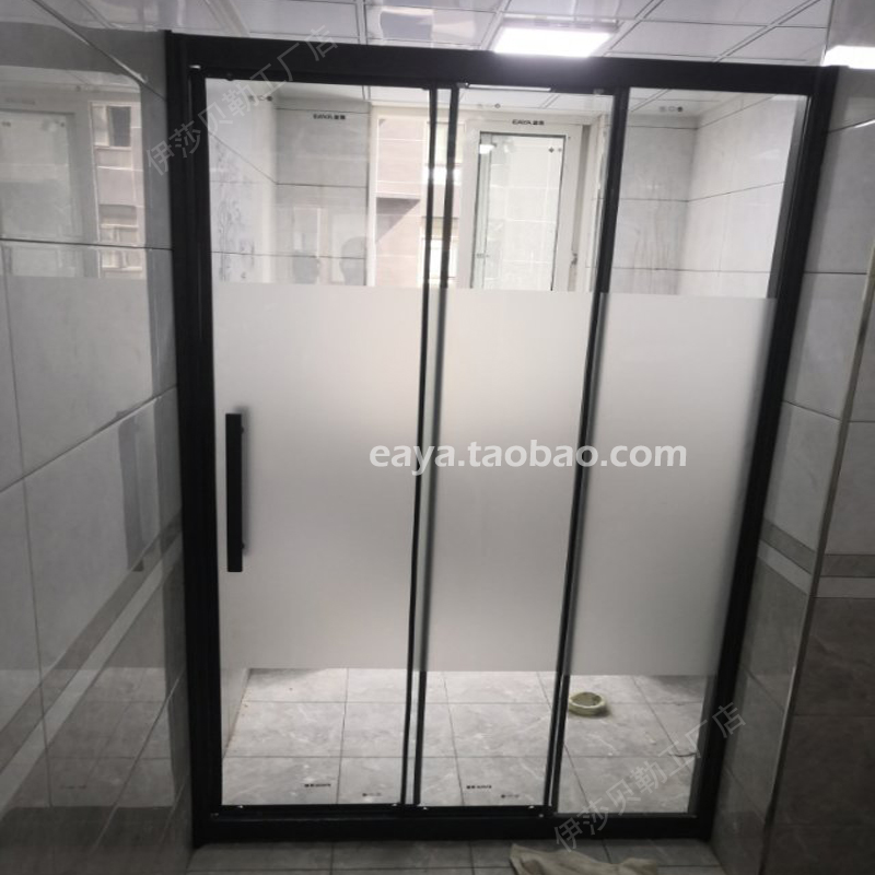 三门联动厕所卫生间干湿分离浴室隔断玻璃极窄一字形淋浴房推拉门