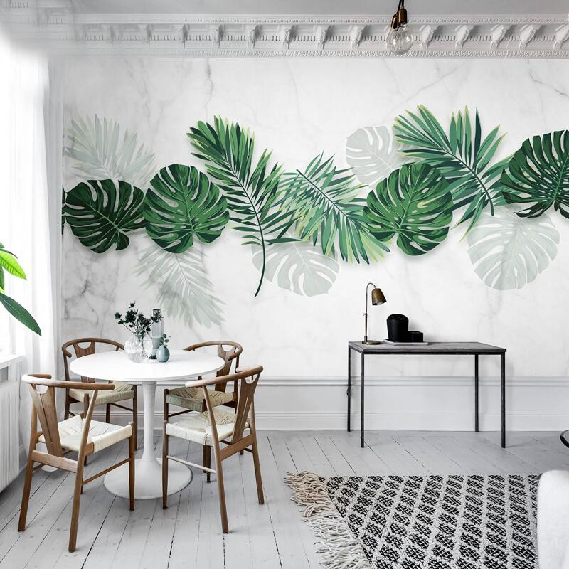 北欧ins风芭蕉叶壁画电视背景墙纸3d小清新绿色植物客厅壁纸墙布