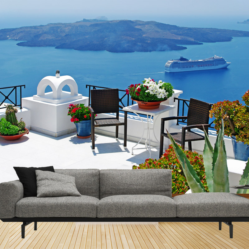 推荐希腊爱情海爱琴海电视墙沙发地中海风格海边风景北欧壁画壁纸