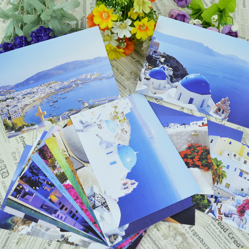 水彩爱琴海希腊地中海小镇圣托里尼 手绘风景明信片5款选