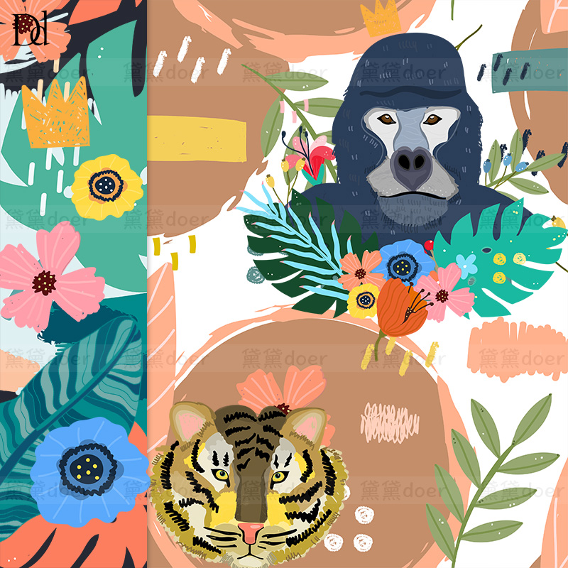 EPS矢量创意抽象涂鸦野生动物老虎大猩猩潮流欧美插画装饰素材PNG