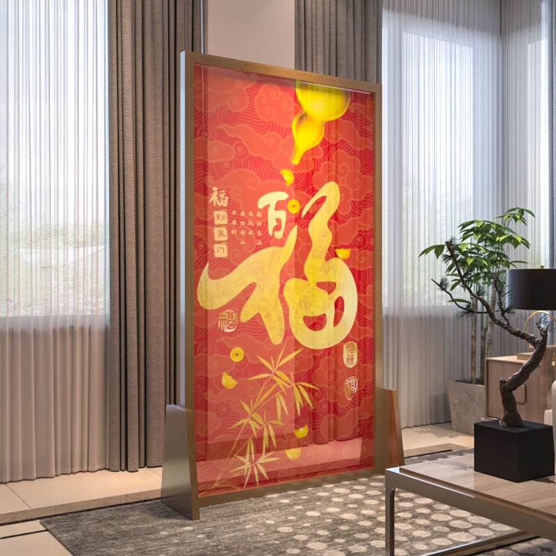 新中式红色百福实木屏风隔断客厅进门玄关楼梯口遮挡移动半透座屏