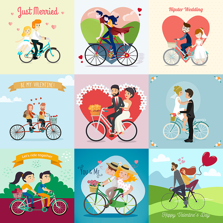 骑单车的情侣插画 卡通浪漫情人骑自行车海报 AI格式矢量设计素材