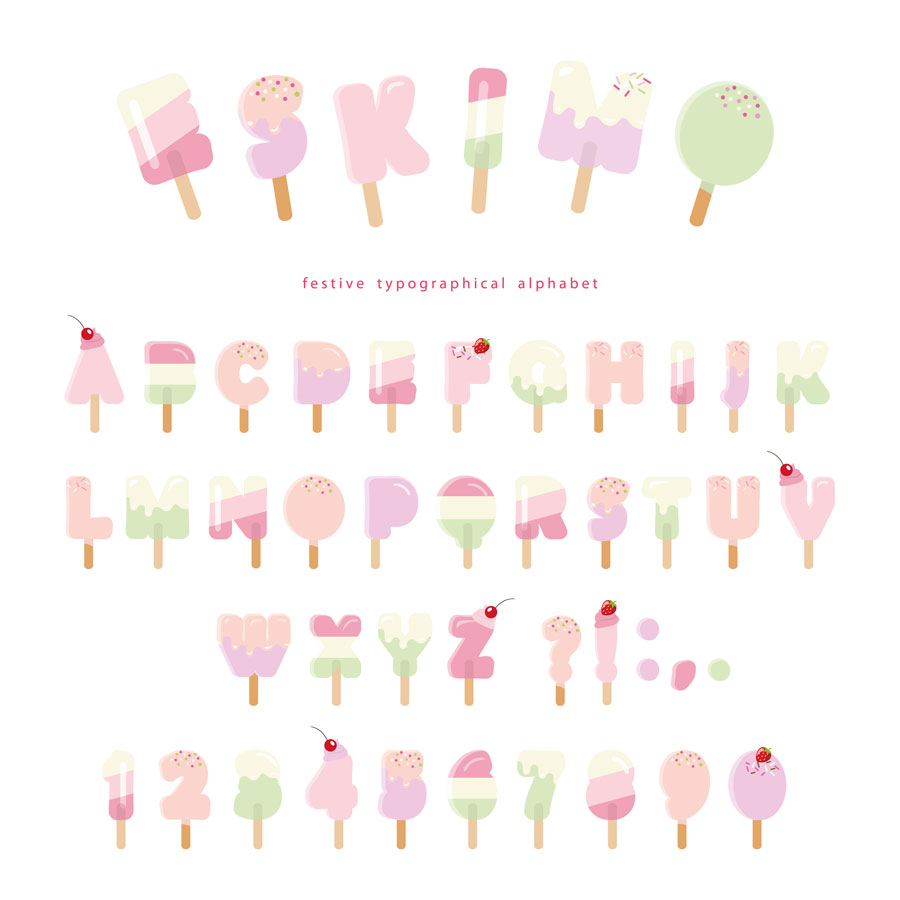免扣英文字母数字卡通童趣雪糕甜品png透明ai矢量平面设计素材图