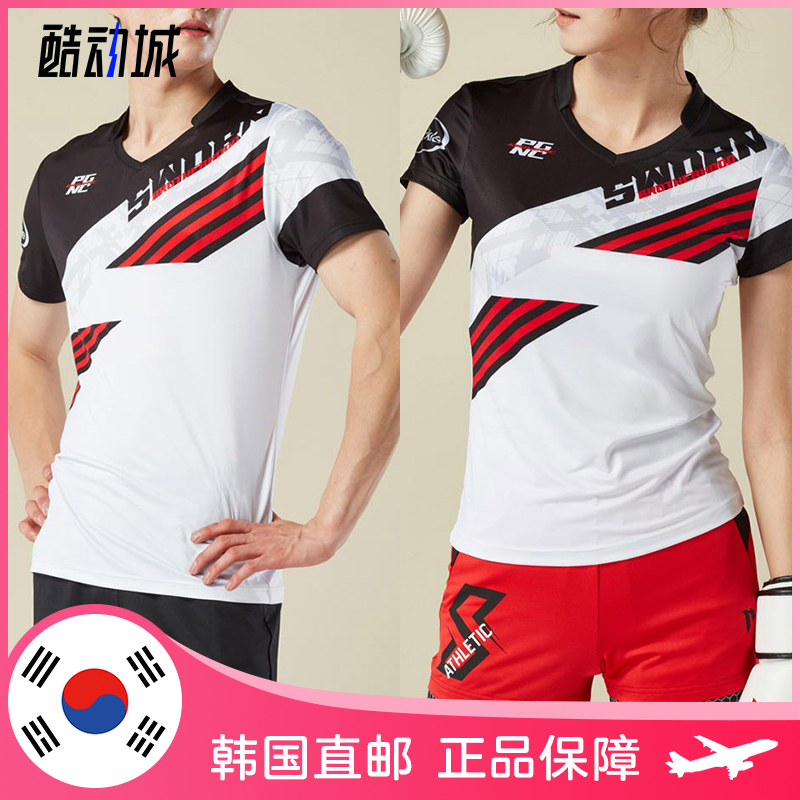 PGNC佩极酷韩国羽毛球服上装 男女款时尚斜条纹图案速干透气短袖T