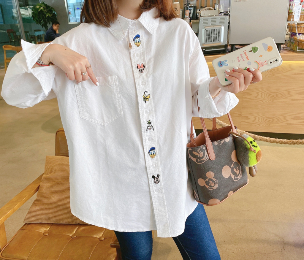 兔美善韩国代购女装 春季新款 米奇卡通头像减龄百搭加厚纯色衬衫
