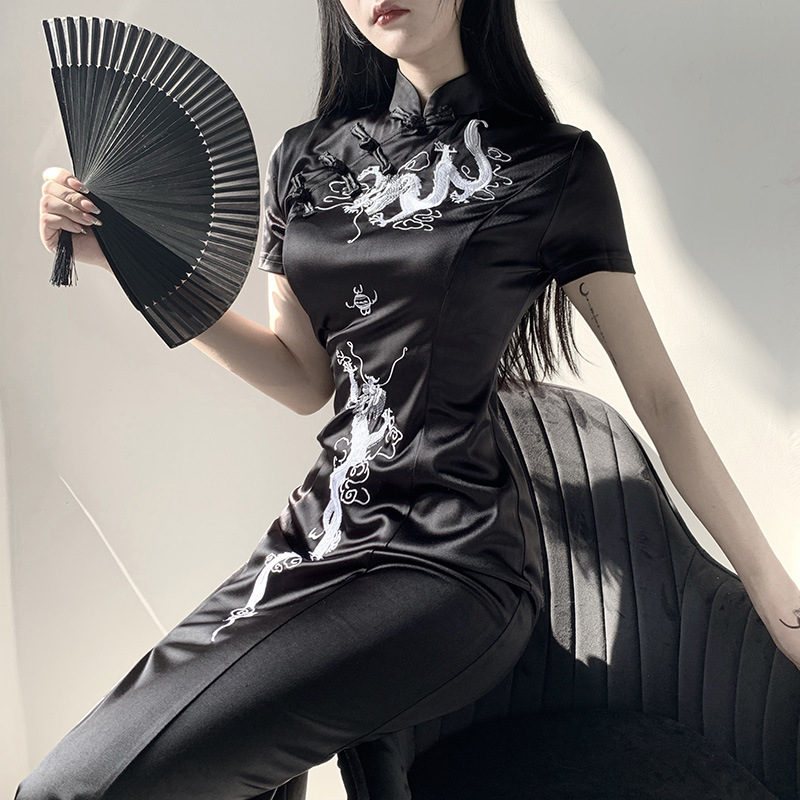 新款暗黑中国风旗袍高开叉长款盘扣黑性感jk改良版龙纹修身连衣裙