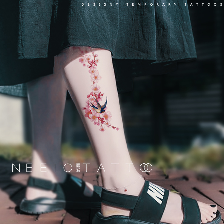 neeio纹身贴 古风燕子桃花 小清新仙女小腿遮挡疤痕大图案 防水女