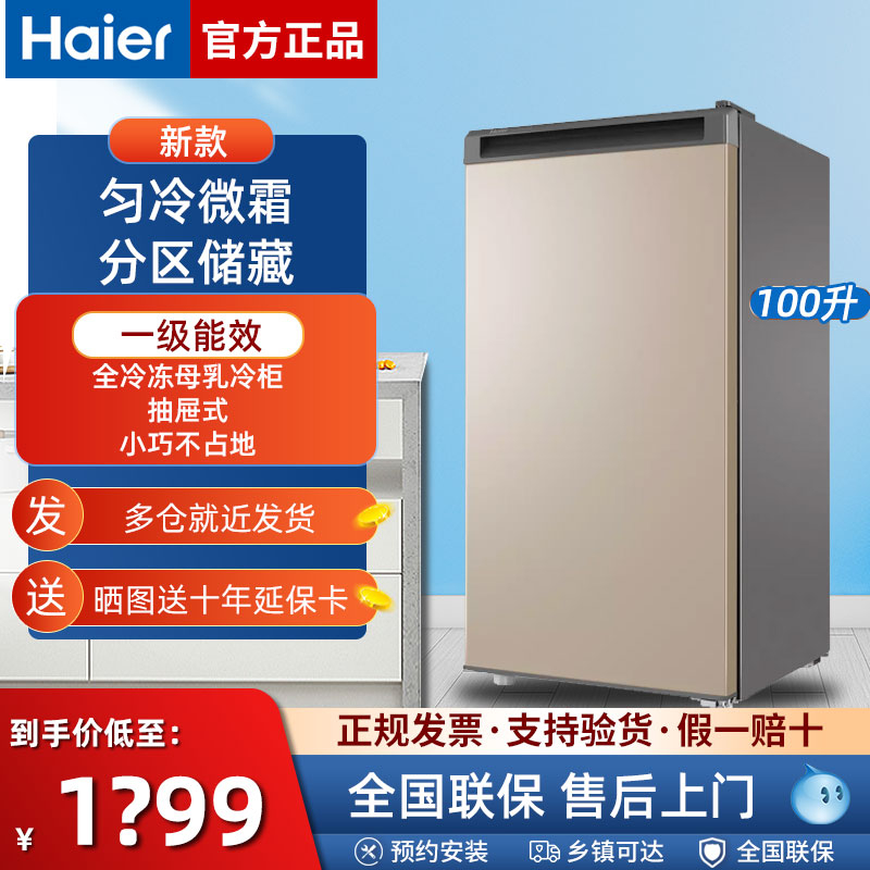 海尔100升冰柜 家用低霜 立式冷柜小型 抽屉式母乳一级单门侧开门
