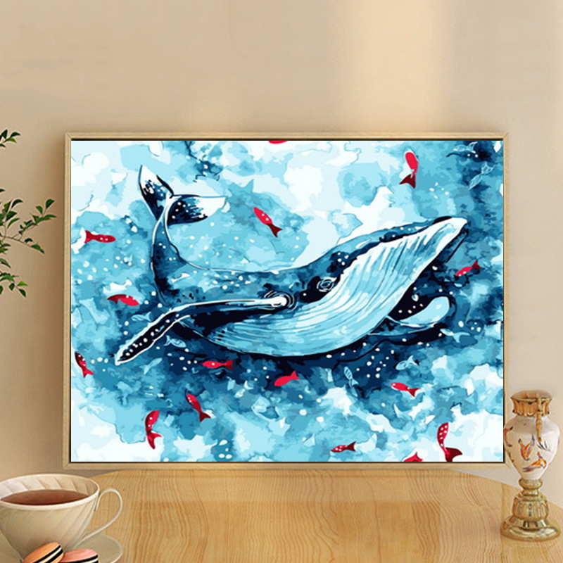 数字油画海豚儿童简单手工绘diy鲸鱼填色油彩涂色填充画海底世界