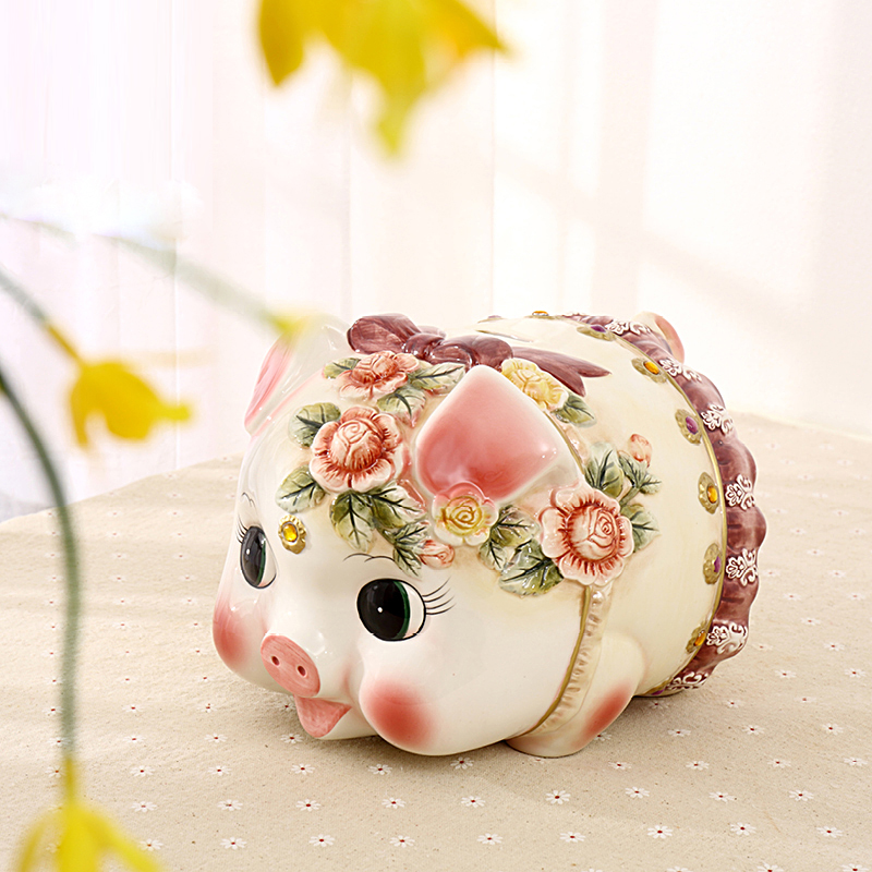 方亚陶瓷储蓄罐维多利亚陶瓷猪存钱罐欧式田园生肖猪摆设生日礼品