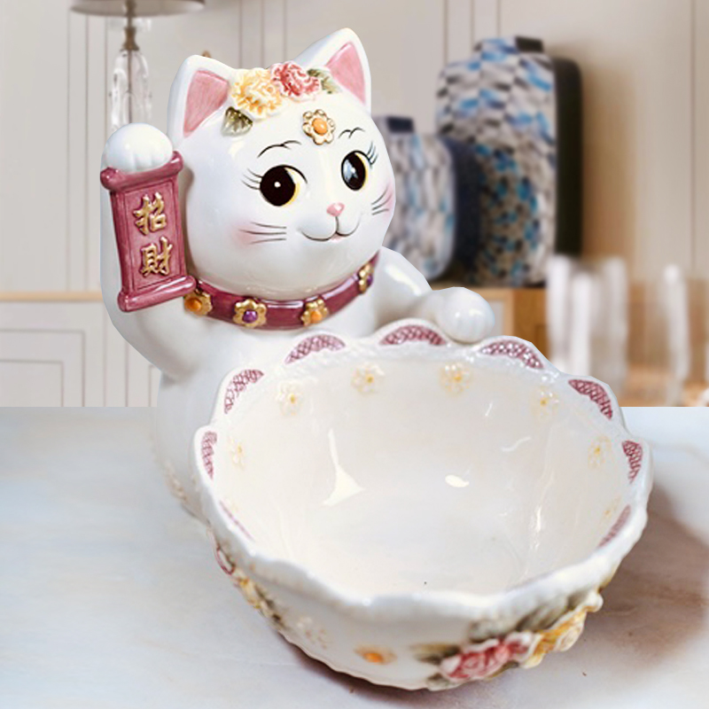 方亚陶瓷维多利亚猫咪水果碗钥匙玄关收纳碗家居装饰摆设乔迁礼品