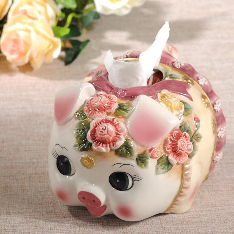欧式田园维多利亚陶瓷猪猪抽纸盒高档陶瓷手工艺品茶几餐桌装饰