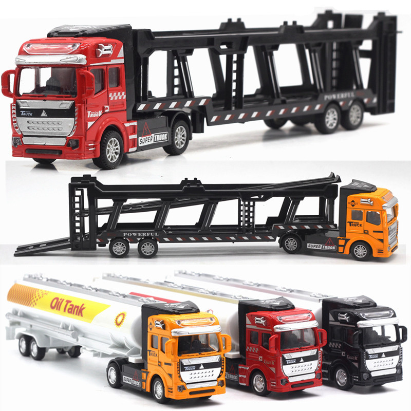 合金回力货柜双层平板运输车拖头大卡车轿运车油罐车模型儿童玩具