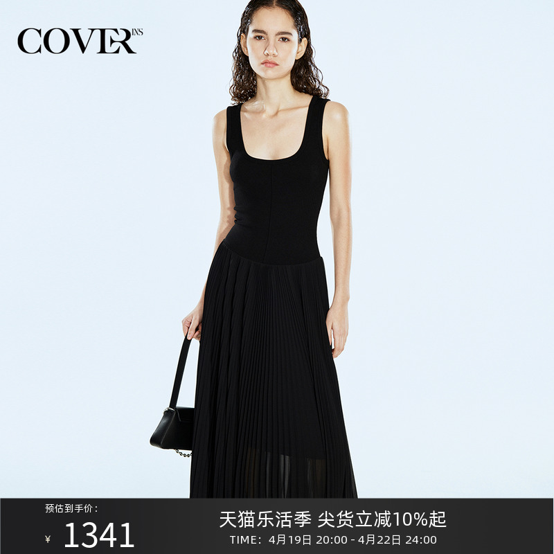 COVER2024夏季黑色修身拼接雪纺U领连衣裙