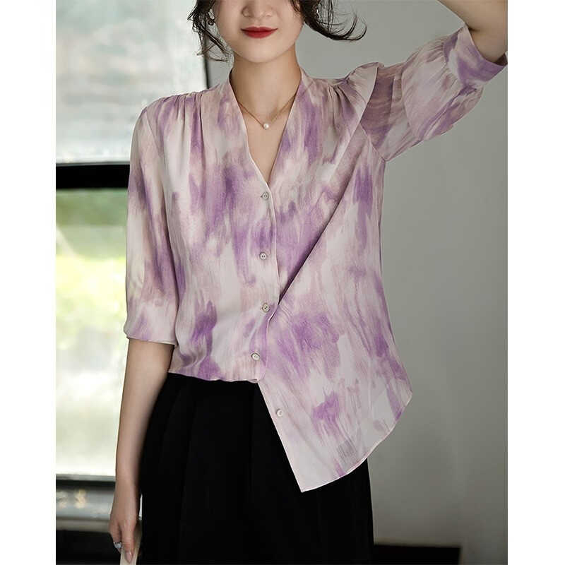 艾丽恩裳2024春夏新紫色法式真丝衬衫V领重磅双层桑蚕丝衬衣女装